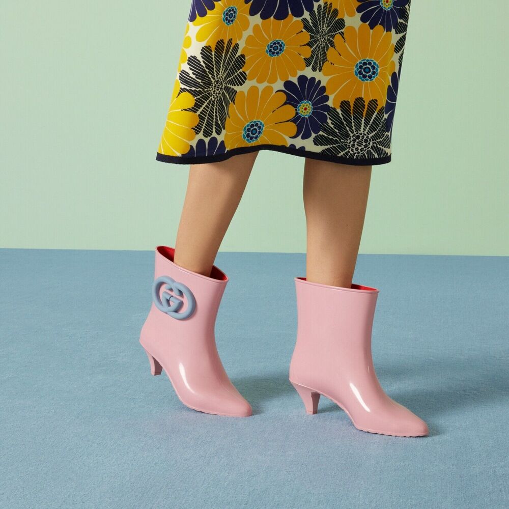 Gucci Interlocking G Size 37/ US 7 Ankle Rubber Rain Boots Pink Blue NIB